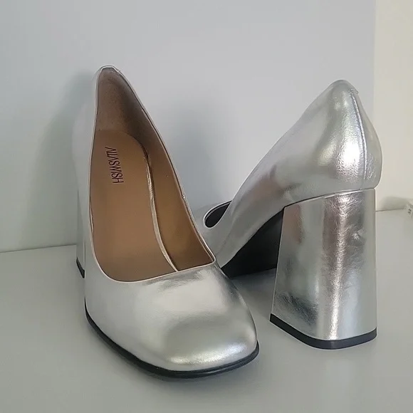 Silver womans high heel chunky heel square toe pumps party dress - Picture 3 of 8